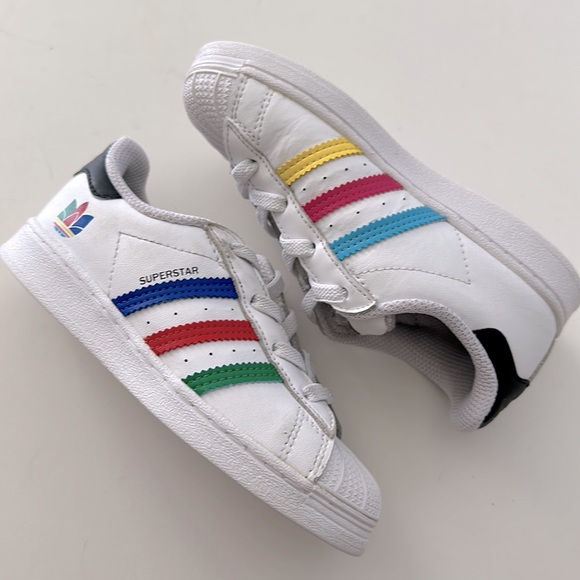 Adidas Kids White Rainbow Stripe Superstar Sneakers - Picture 4 of 10